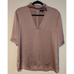 Theory Women's Medium Slit Collar V Neck Crushed Satin Choker Blouse Satin Pink